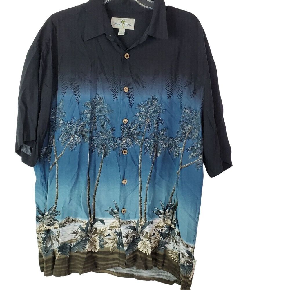 Vintage Island Shores Hawaiian Shirt Flower‎ Aloha Men's XL Black SS Palm GUC